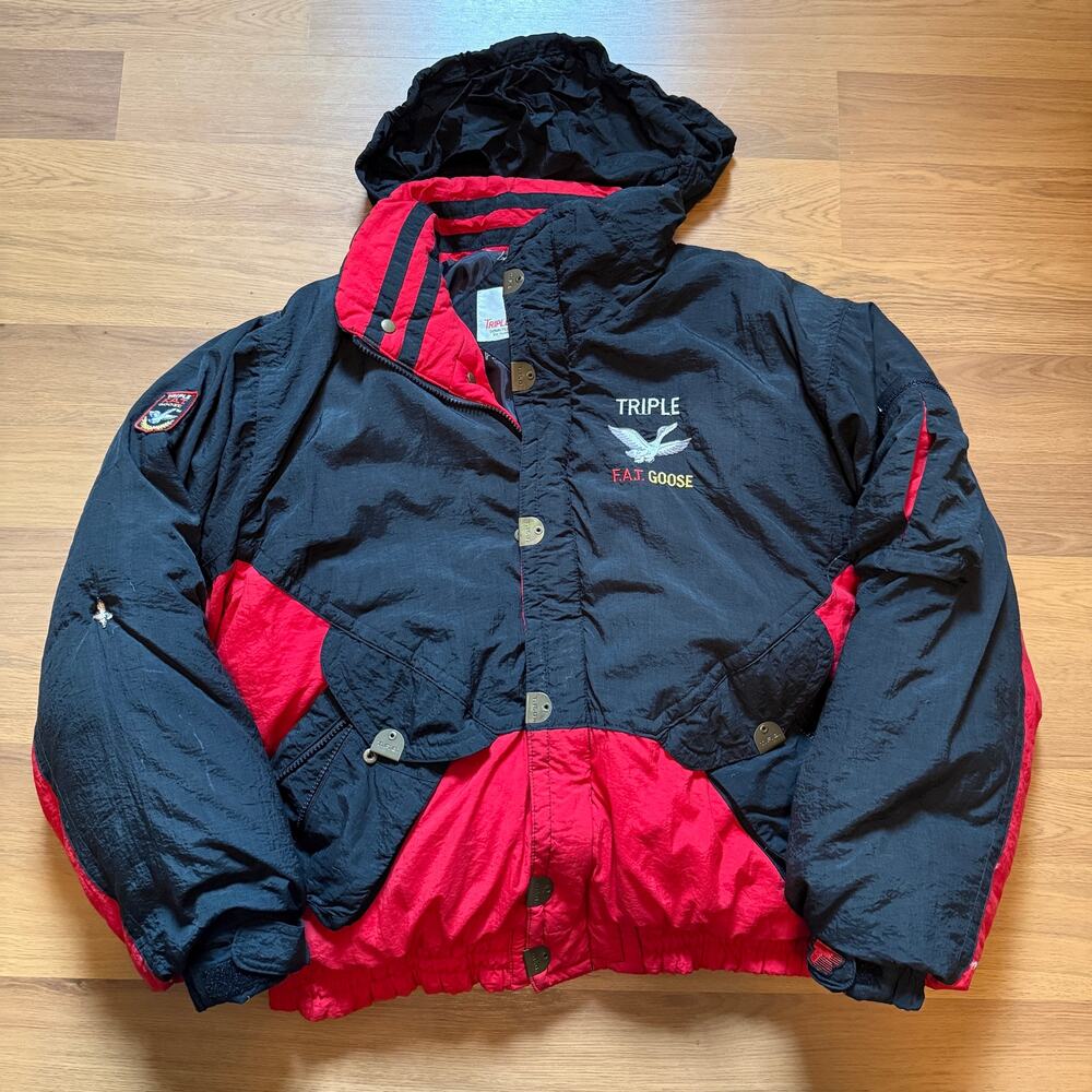 Men's Vintage 90's Triple Fat Goose Down Black Red Bomber Puffer Zip Jacket Sz L